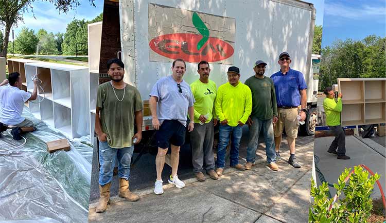 Team Members in Charlotte built cubbies for backpacks and Elm Landscaping donated their services